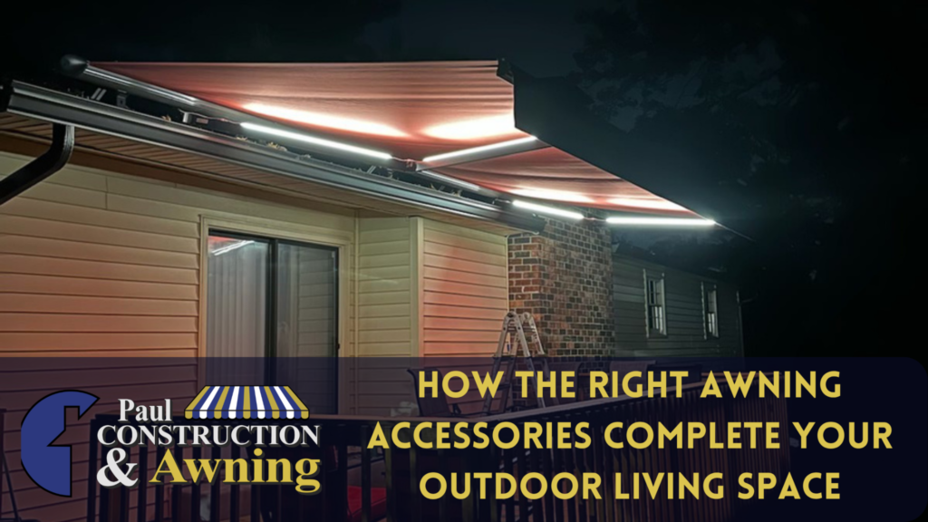 How The Right Awning Accessories Complete Your Outdoor Living Space. A New Jersey home at night with an extended awning, equipped with LED lighting.