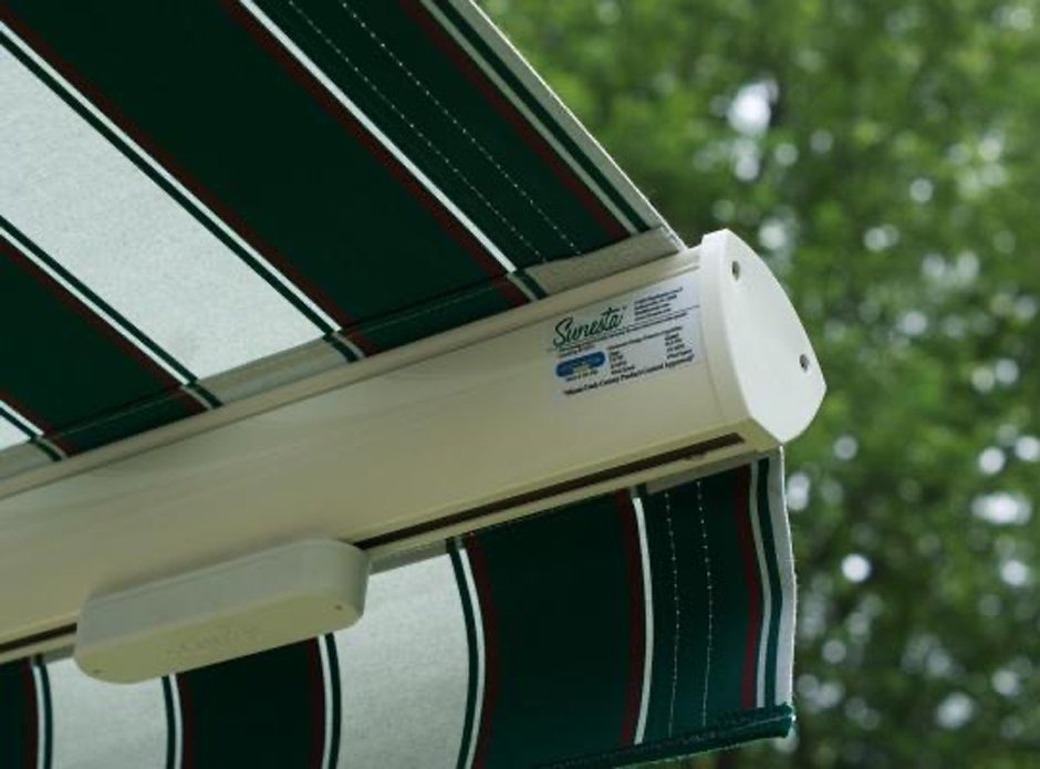 A Sunesta awning equipped with a Miami-Dade rated wind-sensor.